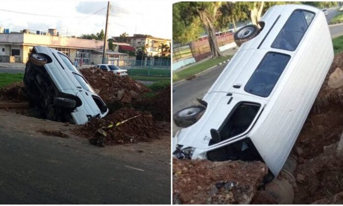 Accidente en La Habana: Camioneta se cae dentro de un hueco hecho por Aguas de La Habana